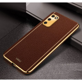 Vaku ® Samsung Galaxy M02s Luxemberg Leather Stitched Gold Electroplated Soft TPU Back Cover