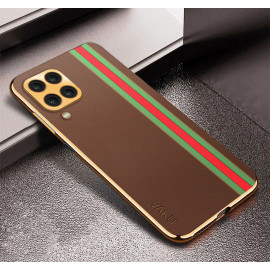 Vaku ® Samsung Galaxy M33 5G Felix Line Leather Stitched Gold Electroplated Soft TPU Back Cover Case