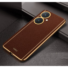 Vaku ® Vivo Y27 Luxemberg Series Leather Stitched Gold Electroplated Soft TPU Back Cover