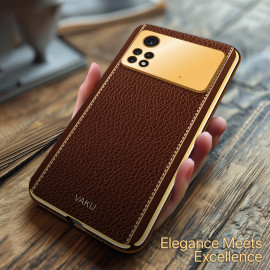 Vaku ® Xiaomi Poco X4 Pro Luxemberg Series Leather Stitched Gold Electroplated Soft TPU Back Cover