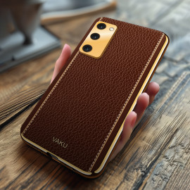 Vaku ®  Samsung Galaxy S20 FE Luxemberg Series Leather Stitched Gold Electroplated Soft TPU Back Cover