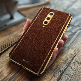 Vaku ® OnePlus 8 Luxemberg Series Leather Stitched Gold Electroplated Soft TPU Back Cover