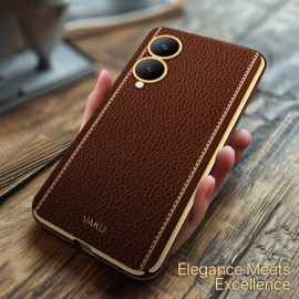 Vaku ® Vivo Y17s Luxemberg Leather Stitched Gold Electroplated Soft TPU Back Cover Case
