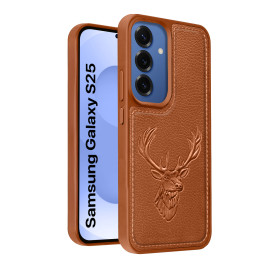 Vaku ® Samsung Galaxy S25 Deer Patterned Embossed Luxury Designer Leather Protective Back Cover