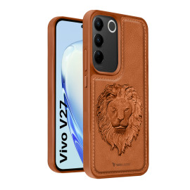 Vaku ® Vivo V27 5G Lion Embossed Luxury Designer Leather Protective Back Cover Case