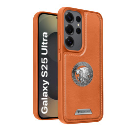 Vaku ® Samsung Galaxy S25 Ultra Regal Shield Metal Lion Engraved Leather Protective Back Cover