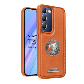 Vaku ® Vivo T3 5G Regal Shield Metal Lion Engraved Leather Protective Back Cover
