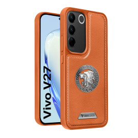 Vaku ® Vivo V27 5G Regal Shield Metal Lion Engraved Leather Protective Back Cover
