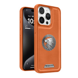 Vaku ® Apple iPhone 15 Pro Max Regal Shield Metal Lion Engraved Leather Protective Back Cover