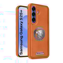 Vaku ® Samsung Galaxy S25 Plus Regal Shield Metal Lion Engraved Leather Protective Back Cover