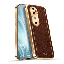 Vaku ® Vivo V40 5G Luxemberg Leather Pattern Gold Electroplated Soft TPU Back Cover
