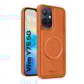 Vaku ® Vivo Y75 5G Maxtron Leather Stitched Magnetic Magsafe Non-Slip Grip Shockproof Back Cover