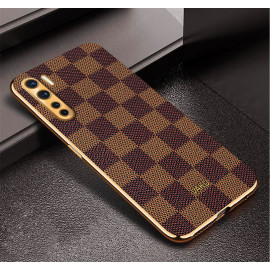 Vaku ® Oppo F15 Cheron Series Leather Stitched Gold Electroplated Soft TPU Back Cover