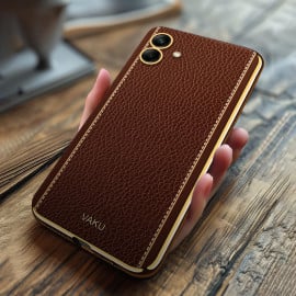 Vaku ® Samsung Galaxy A04 Luxemberg Series Leather Stitched Gold Electroplated Soft TPU Back Cover