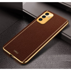 Vaku ® Samsung Galaxy F13 Luxemberg Series Leather Stitched Gold Electroplated Soft TPU Back Cover