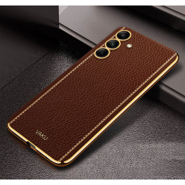 Vaku ® Samsung Galaxy M13 Luxemberg Series Leather Stitched Gold Electroplated Soft TPU Back Cover