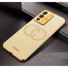 Vaku ® Vivo V23 5G Skylar Leather Pattern Gold Electroplated Soft TPU Back Cover