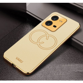 Vaku ® Vivo V25 5G Skylar Leather Pattern Gold Electroplated Soft TPU Back Cover