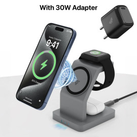 VAKU ® Trinity 3-in-1 MagSafe Wireless Charger Dock (23W) + 30W Adapter | Fast Charge iPhone, Watch & AirPods