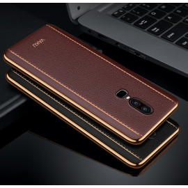 Vaku ® OnePlus 6 Vertical Leather Stitched Gold Electroplated Soft TPU Back Cover