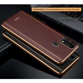 Vaku ® Samsung Galaxy F41 Vertical Leather Stitched Gold Electroplated Soft TPU Back Cover