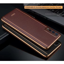 Vaku ® Vivo Y12S Vertical Leather Stitched Gold Electroplated Soft TPU Back Cover