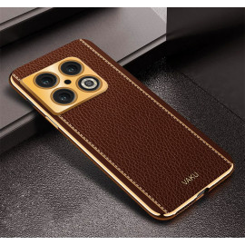 Vaku ® OnePlus 10 Pro Luxemberg Series Leather Stitched Gold Electroplated Soft TPU Back Cover