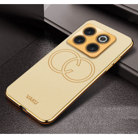 Vaku ® OnePlus 10T 5G Skylar Series Leather Stitched Gold Electroplated Soft TPU Back Cover