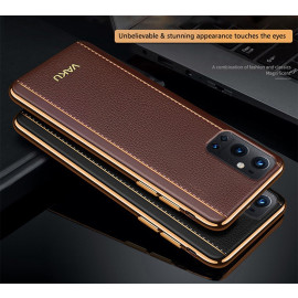 Vaku ® OnePlus 9 Pro Vertical Leather Stitched Gold Electroplated Soft TPU Back Cover