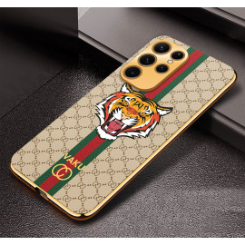 Vaku ® Samsung Galaxy S22 Ultra Lynx Leather Stitched Gold Electroplated Soft TPU Back Cover