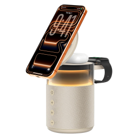 Vaku Luxos ® 4in1 Triostation Bluetooth Speaker 15W Magnetic Mag-safe Wireless Charger for iPhone 17/16/15/14/13/12 Series, iwatch, Airpods Fast Charging Dock Phone Stand with Night Light & Music Sound
