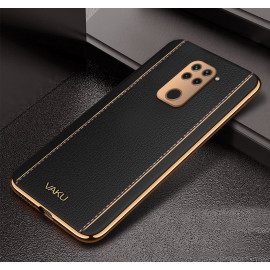 Vaku ® Redmi Note 9 Vertical  Leather Stitched Gold Electroplated Soft TPU Back Cover