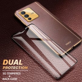 Vaku ® 2In1 Combo Vivo V23 5G Luxemberg Leather Stitched Gold Electroplated Case with 9H Shatterproof Tempered Glass