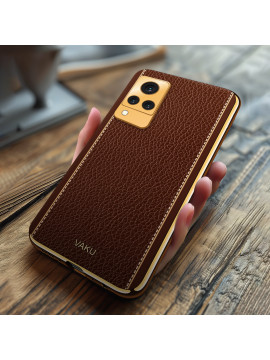 Vaku ® Vivo V21 5G Luxemberg Series Leather Stitched Gold Electroplated Soft TPU Back Cover