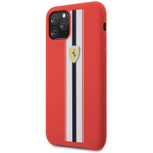 Ferrari ® For Apple iPhone 11 Pro Max White Stripe Liquid Silicon Velvet-Touch Silk Finish Shock-Proof Back Cover