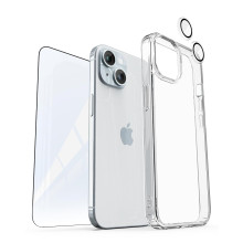 Vaku ® 3in1 Value Combo Pack Glassy Clear Silicone Back Cover Case + 3D Tempered Glass + Camera Lens Protector Screen Guard for iPhone 15 / 15 Plus / 15 Pro / 15 Pro Max