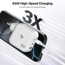 DR VAKU ® 65W Charger Type C Fast Adapter With Multi Port Dual PD Charging GaN Technology For MacBook Laptop, iPhone 16/15/14/13/12 Series, Samsung and Android Devices