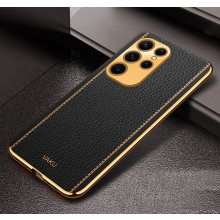 Vaku ® Samsung Galaxy S23 Ultra Luxemberg Series Leather Stitched Gold Electroplated Soft TPU Back Cover