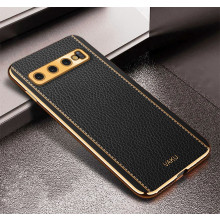 Vaku ® Samsung Galaxy S10 Plus Luxemberg Leather Stitched Gold Electroplated Soft TPU Back Cover
