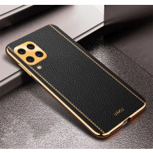 Vaku ® Samsung Galaxy A12 Luxemberg Series Leather Stitched Gold Electroplated Soft TPU Back Cover