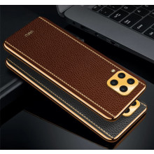 Vaku ® Samsung Galaxy M32 Luxemberg Series Leather Stitched Gold Electroplated Soft TPU Back Cover
