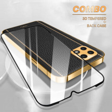 Vaku ® 2In1 Combo Samsung Galaxy A22 5G Luxemberg Leather Stitched Gold Electroplated Case with with ESD Anti-Static Shatterproof Tempered Glass