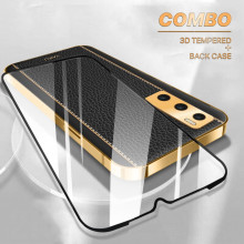 Vaku ® 2In1 Combo Vivo V20 SE Luxemberg Leather Stitched Gold Electroplated Case with with ESD Anti-Static Shatterproof Tempered Glass