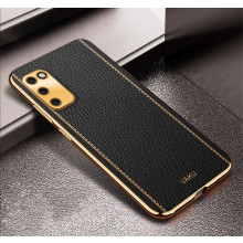 Vaku ® Samsung Galaxy M02s Luxemberg Leather Stitched Gold Electroplated Soft TPU Back Cover