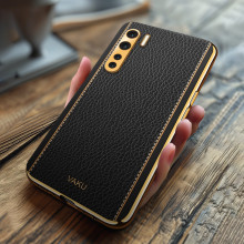 Vaku ® Oppo F15 Luxemberg Series Leather Stitched Gold Electroplated Soft TPU Back Cover