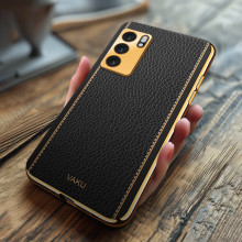 Vaku ® Oppo Reno6 5G Luxemberg Series Leather Stitched Gold Electroplated Soft TPU Back Cover