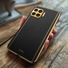 Vaku ® Oppo F17 Pro Luxemberg Series Leather Stitched Gold Electroplated Soft TPU Back Cover