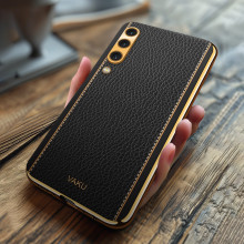 Vaku ® Samsung Galaxy A50s Luxemberg Series Leather Stitched Gold Electroplated Soft TPU Back Cover