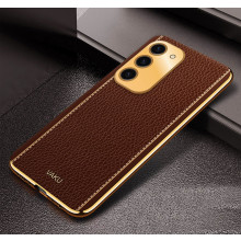 Vaku ® Samsung Galaxy S23 Plus Luxemberg Series Leather Stitched Gold Electroplated Soft TPU Back Cover