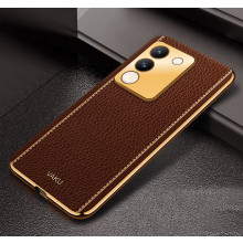 Vaku ® Vivo Y200 5G Luxemberg Leather Pattern Gold Electroplated Soft TPU Back Cover